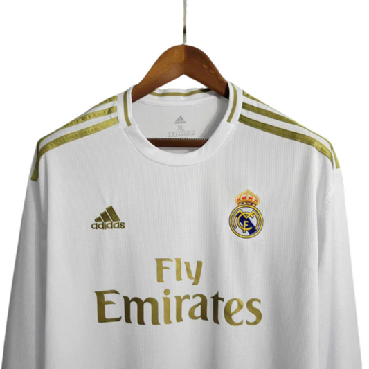 Camiseta Real Madrid I Local 2019/20 Retro Manga Larga Masculino - Blanco